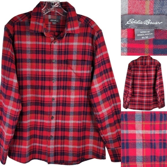 Eddie Bauer Mens Medium Red Long Sleeve Plaid Button Down Flannel Shirt Hike - Picture 1 of 9